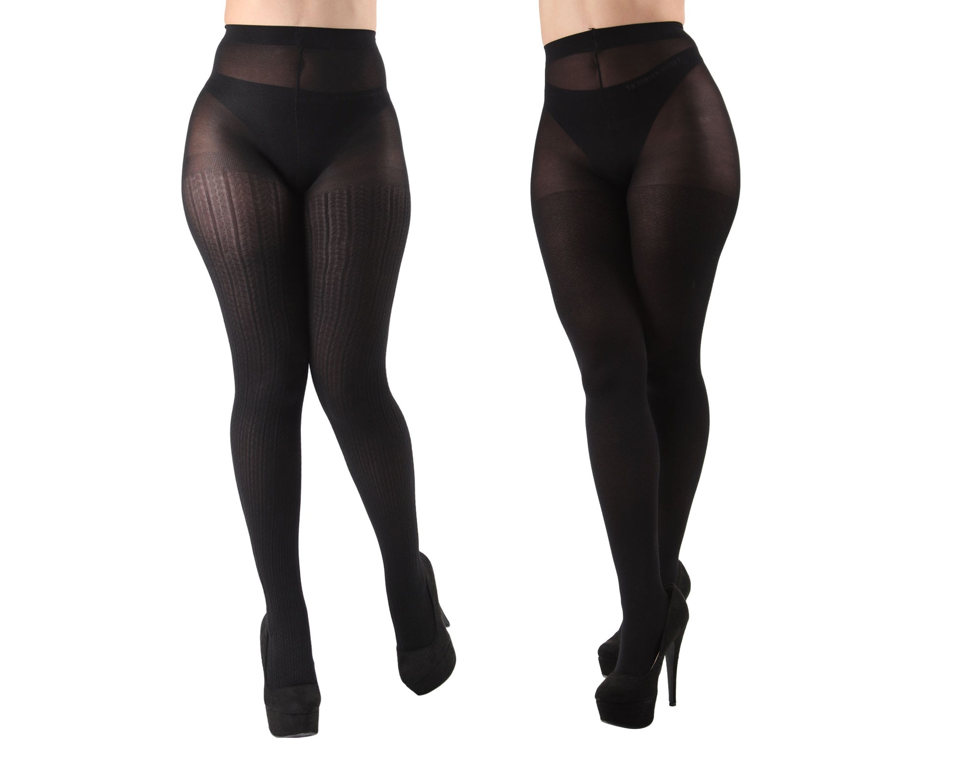 Braided Chain/Solid Control Top Tights 2 Pack : Color: Black-Black