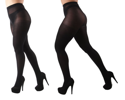 Braided Chain/Solid Control Top Tights 2 Pack : Color: Black-Black