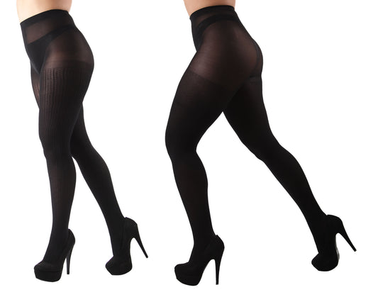 Braided Chain/Solid Control Top Tights 2 Pack : Color: Black-Black