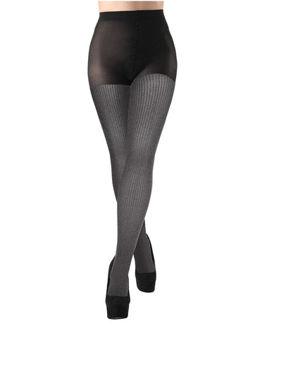 Fine Rib/Solid Control Top Tights 2 Pack : Color: Black-Black