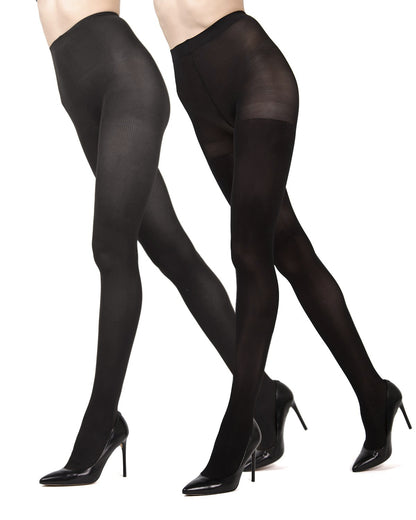 Fine Rib/Solid Control Top Tights 2 Pack : Color: Gray Heather-Black