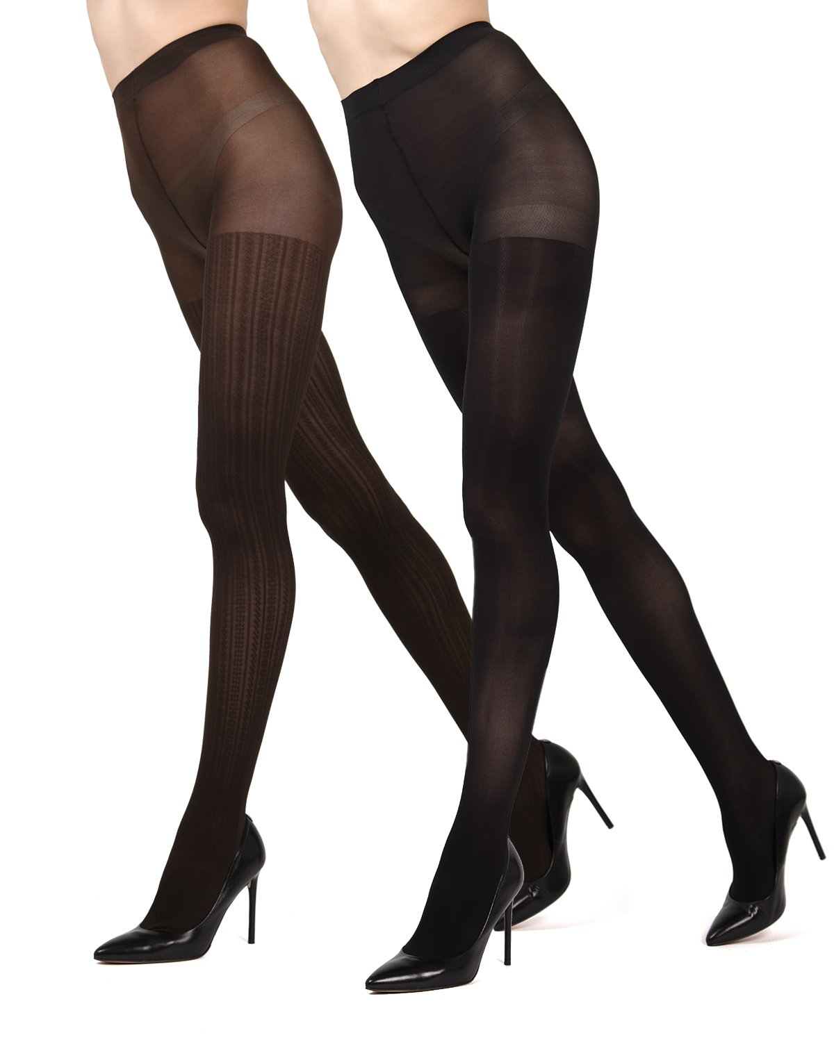Cable Ribbed/Solid Control Top Tights 2-Pack : Color: Brown/Black