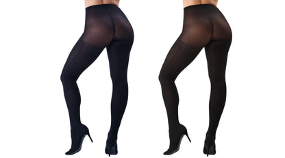 Cable Ribbed/Solid Control Top Tights 2-Pack : Color: Brown/Black