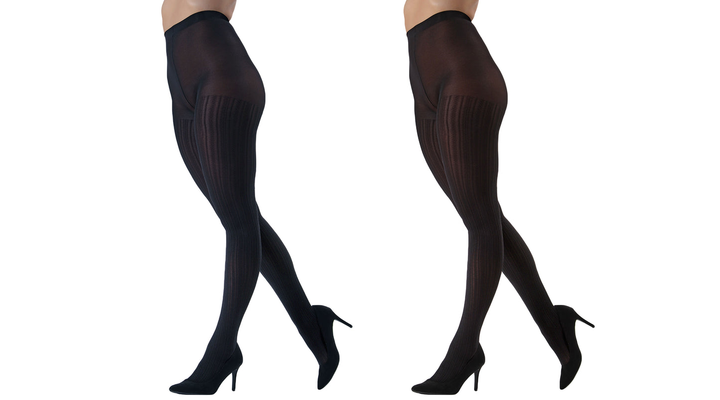 Cable Ribbed/Solid Control Top Tights 2-Pack : Color: Brown/Black