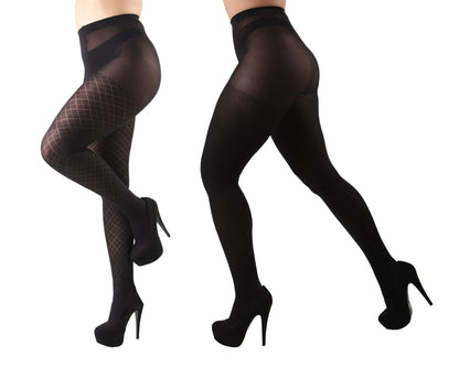 Diamonds/Solid 2 Pair Control Top Tights : Color: Black-Black