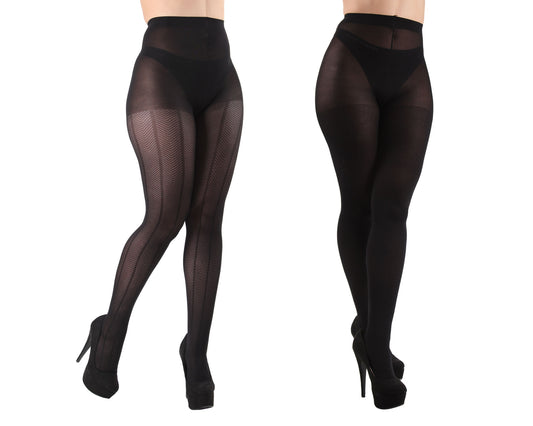 Herringbone/Solid 2 Pair Control Top Tights : Color: Black-Black
