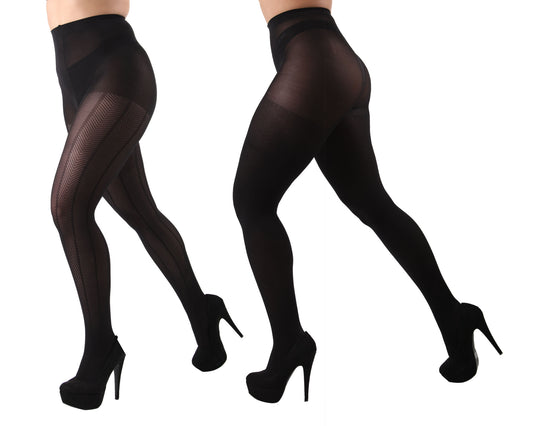 Herringbone/Solid 2 Pair Control Top Tights : Color: Black-Black