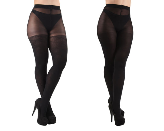 Diamonds/Solid Control Top Tights 2 Pack : Color: Black-Black