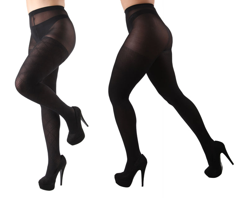 MeMoi Diamonds/Solid Control Top Tights 2 Pack