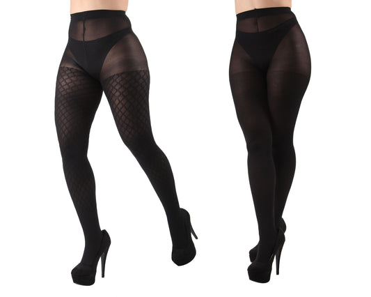 Chain-Link/Solid Control Top Tights 2 Pack : Color: Black-Black