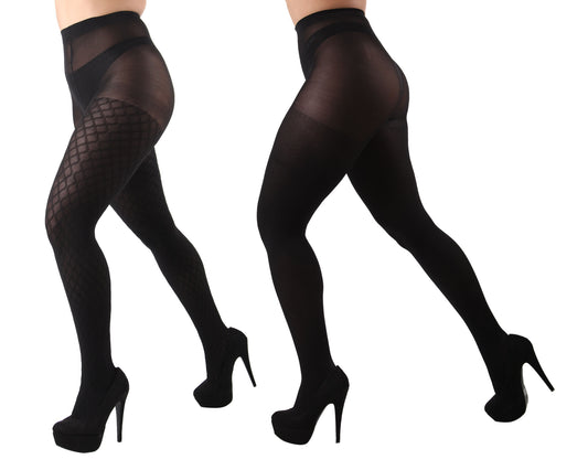 Chain-Link/Solid Control Top Tights 2 Pack : Color: Black-Black