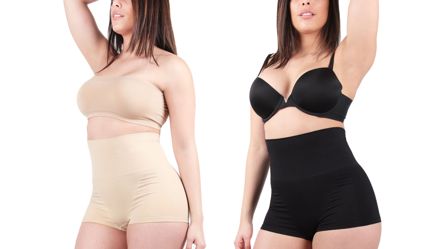 2 Pair Women's High-Waist Boy Short Shaping Briefs : Color: Nude-Black