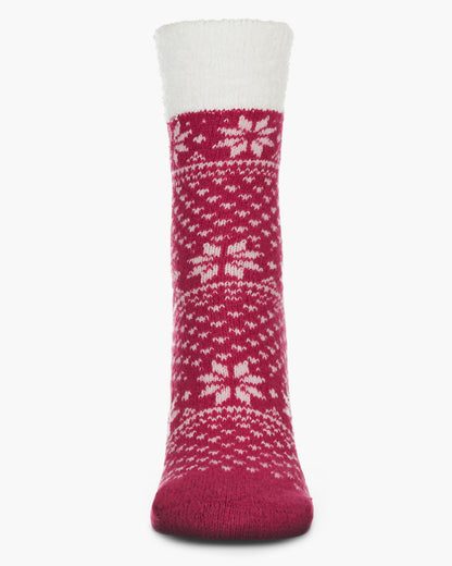 Bordered Flake Yummy Non-Skid Fuzzy Sock : Color: Sangria