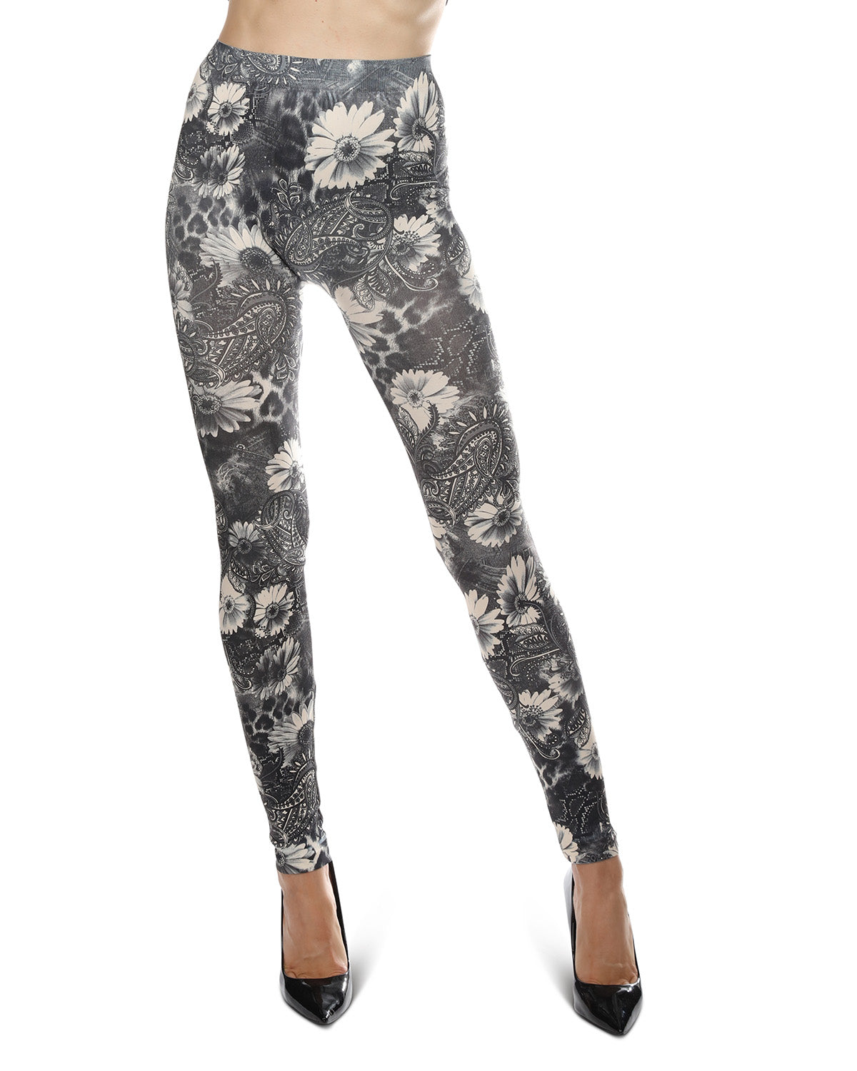 Monochromatic Paisley Floral Leggings : Color: Black
