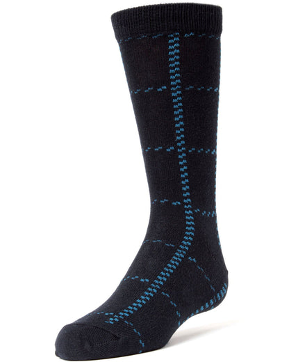 Windowpane Plaid Boys Cotton Blend Dress Socks : Color: Navy