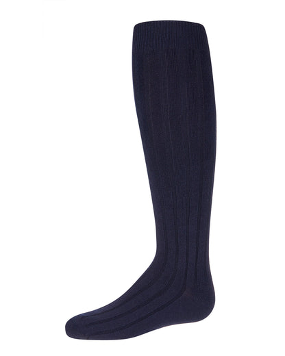 Girls Wide Ribbed Cotton Blend Uniform Knee Socks : Color: Navy