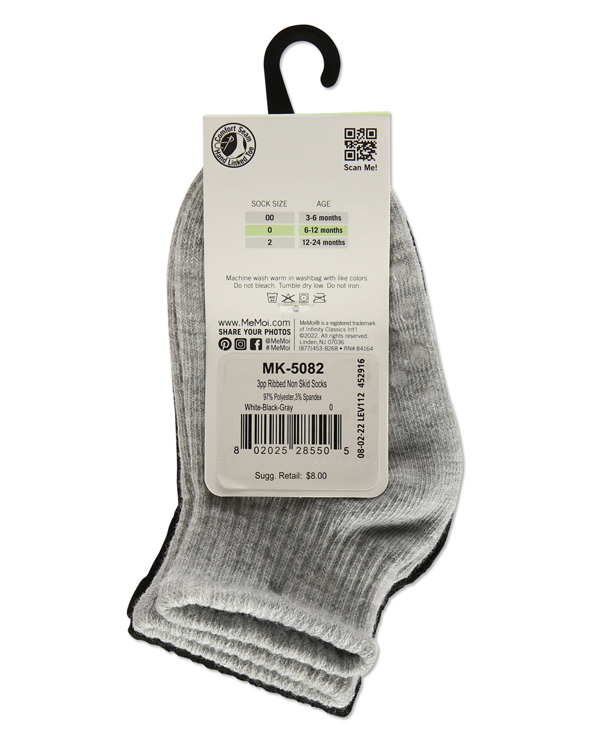 3 Pairs Infant Ribbed Non-Skid Ankle Socks : Color: White-Black-Gray