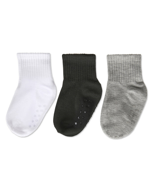 3 Pairs Infant Ribbed Non-Skid Ankle Socks : Color: White-Black-Gray