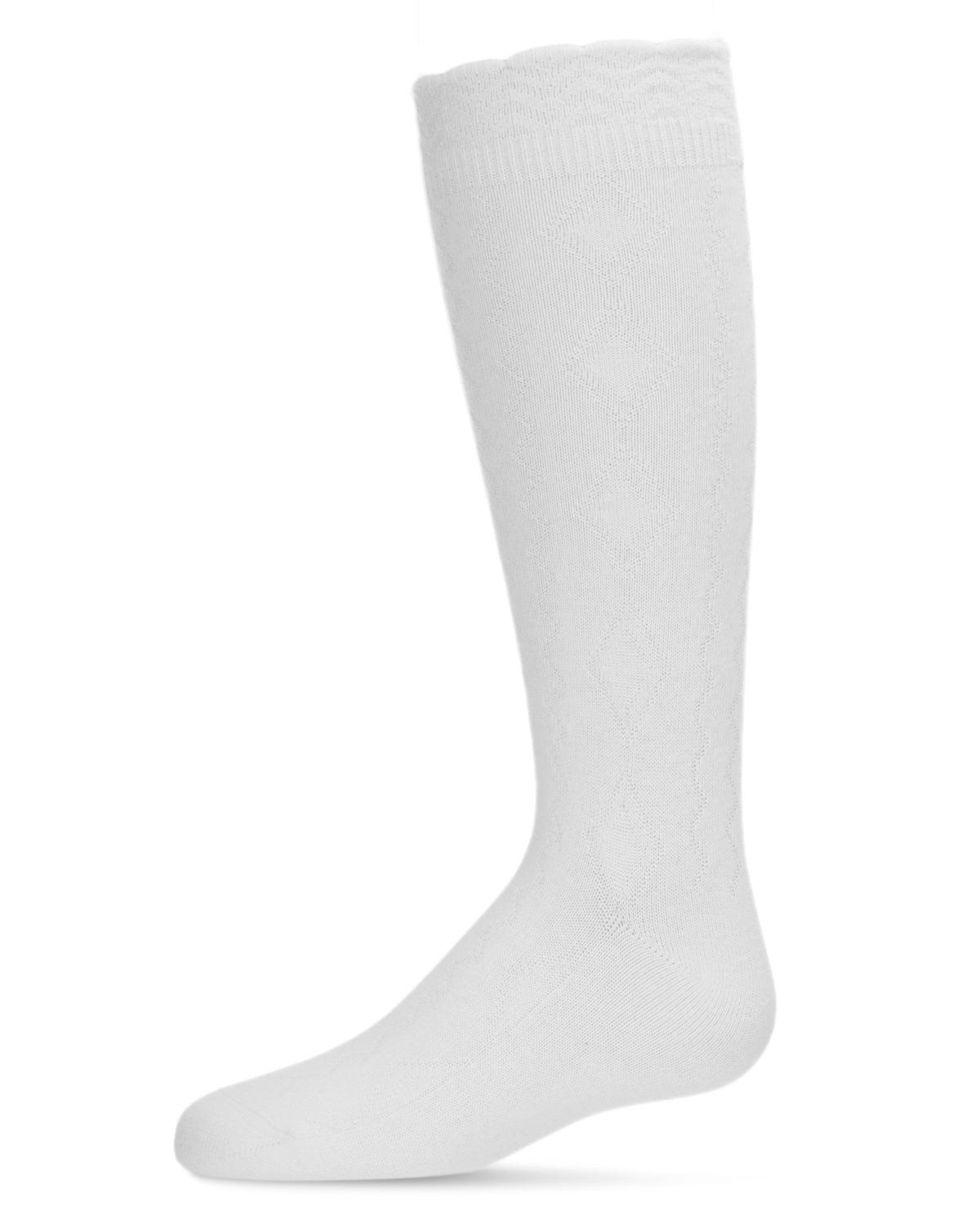 Diamond Zag Knee High Sock with Scalloped Cuff : Color: White