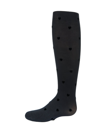Girls' Opaque Flocked Heart Nylon Tights : Color: Black