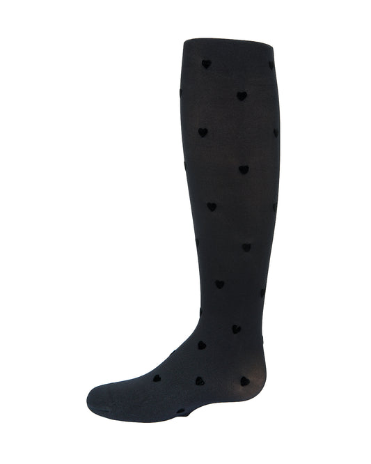 Girls' Opaque Flocked Heart Nylon Tights : Color: Black