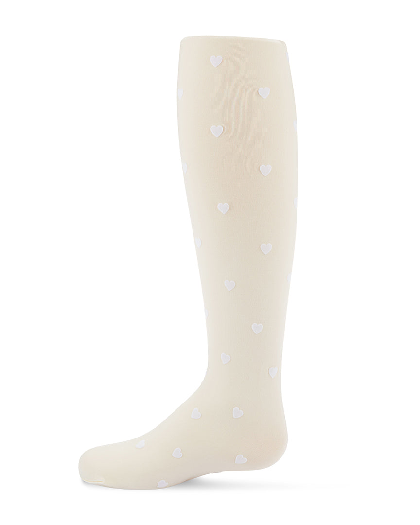 Girls' Opaque Flocked Heart Nylon Tights : Color: Winter white
