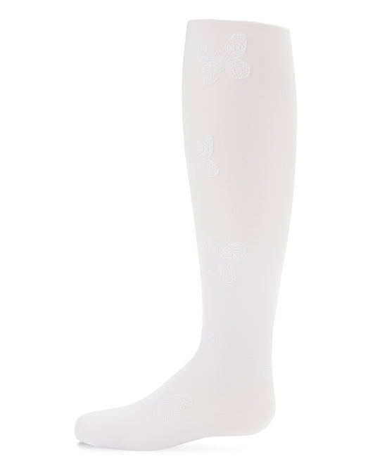 Girls' Flocked Butterfly Opaque Nylon Tights : Color: White