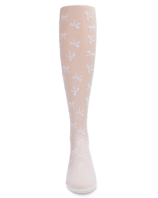 Flocked Sheer Bouncing Bow Girls Tights : Color: White