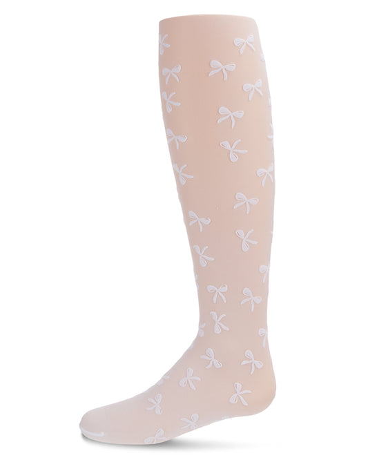 Flocked Sheer Bouncing Bow Girls Tights : Color: White
