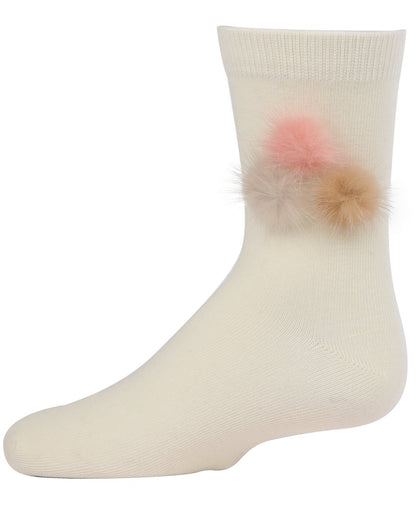 Fluffy Trio Pom-Pom Cotton Blend Crew Socks : Color: Winter White