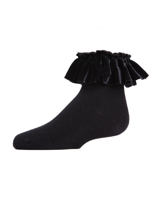 Velvet Pleated Girls Cotton Blend Anklet Socks : Color: Black