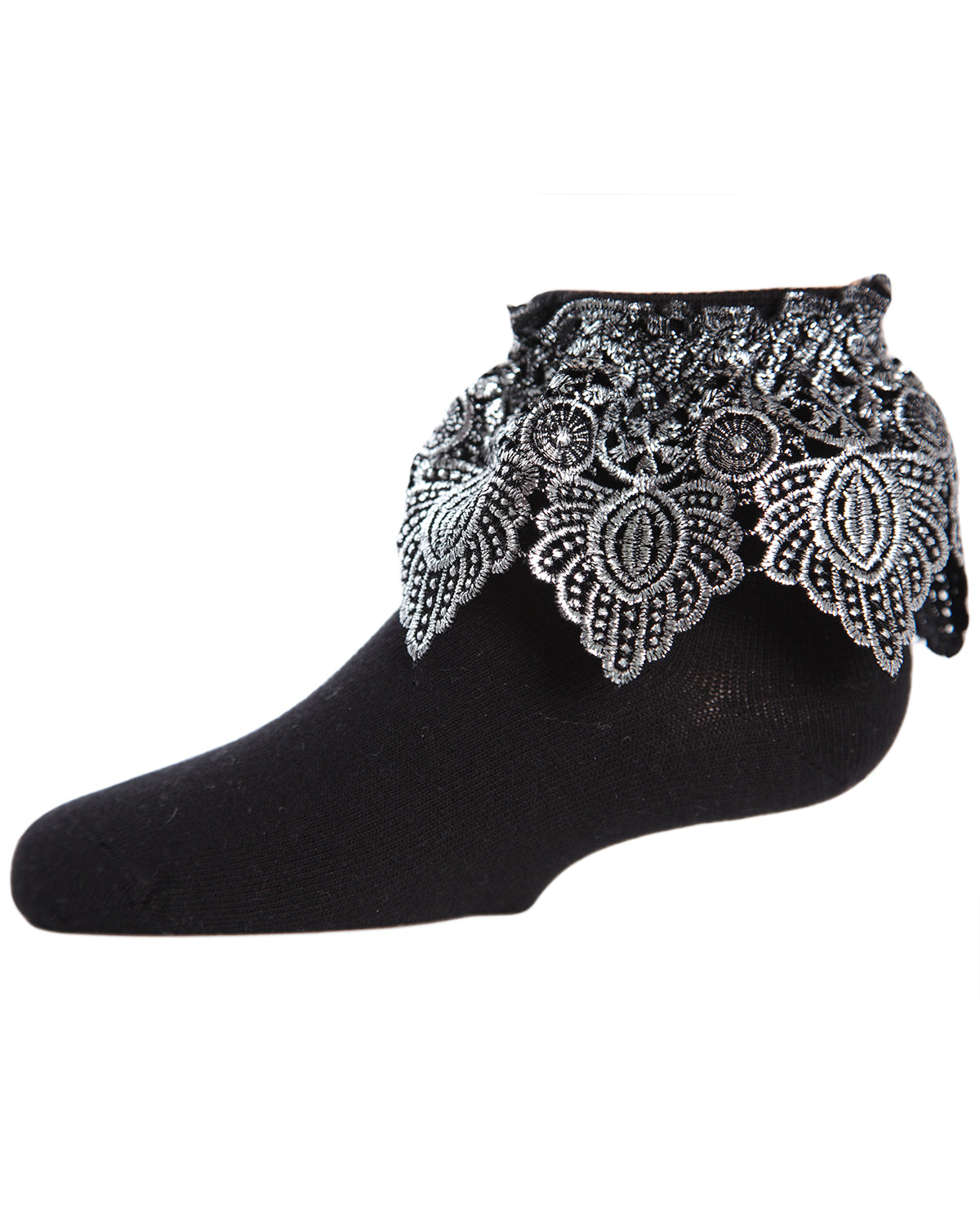 Metallic Leaf Girls Cotton Blend Anklet Socks : Color: Black Silver
