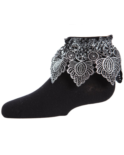 Metallic Leaf Girls Cotton Blend Anklet Socks : Color: Black Silver