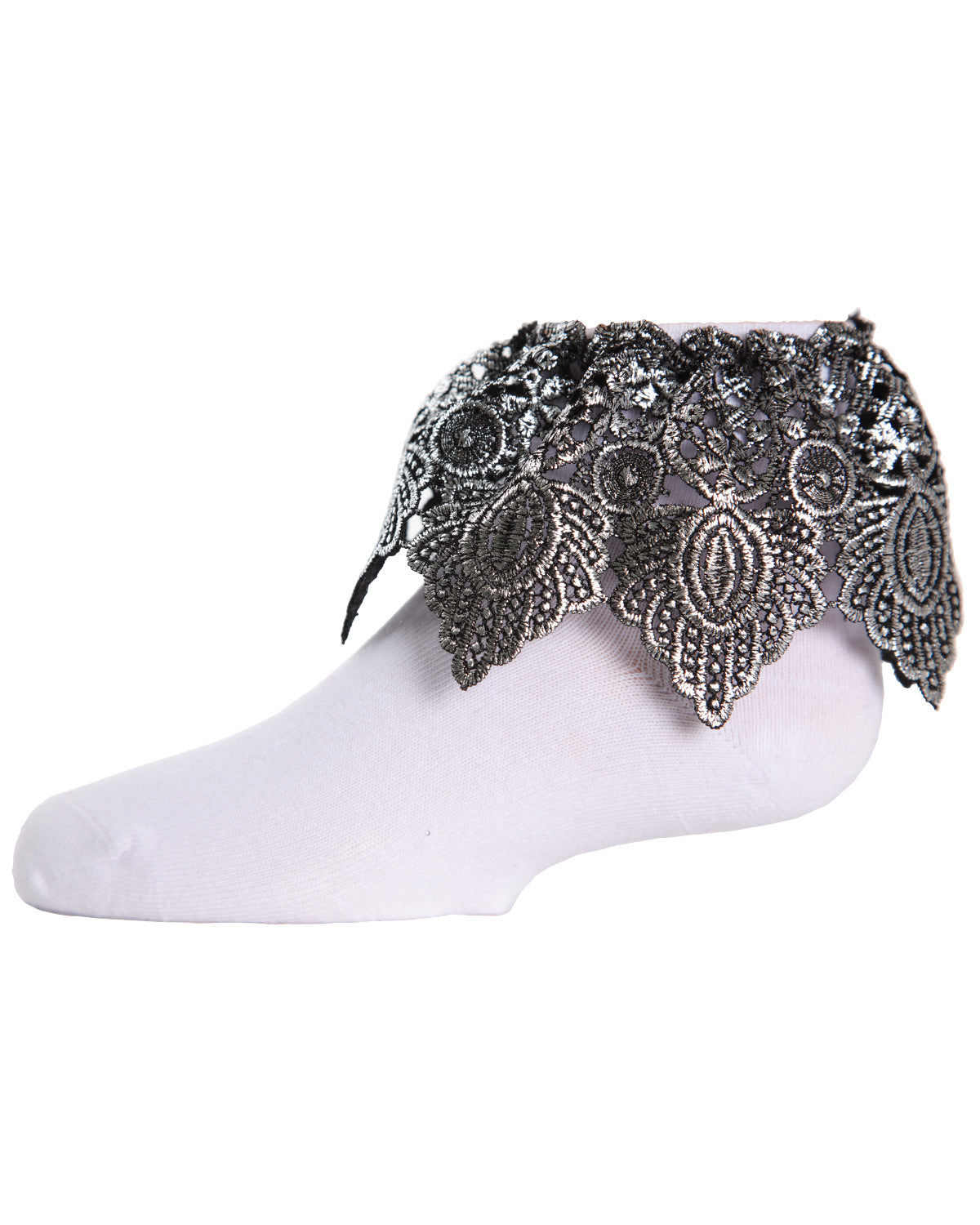 Metallic Leaf Girls Cotton Blend Anklet Socks : Color: White Silver