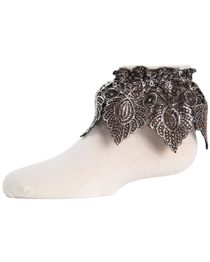 Metallic Leaf Girls Cotton Blend Anklet Socks : Color: Winter White Copper