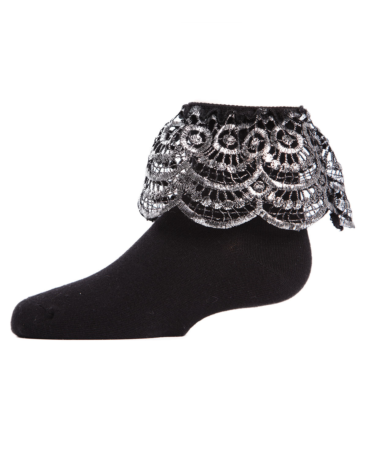 Metallic Scalloped Cotton Blend Anklet Socks : Color: Black Silver