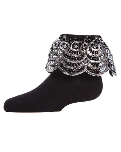 Metallic Scalloped Cotton Blend Anklet Socks : Color: Black Silver