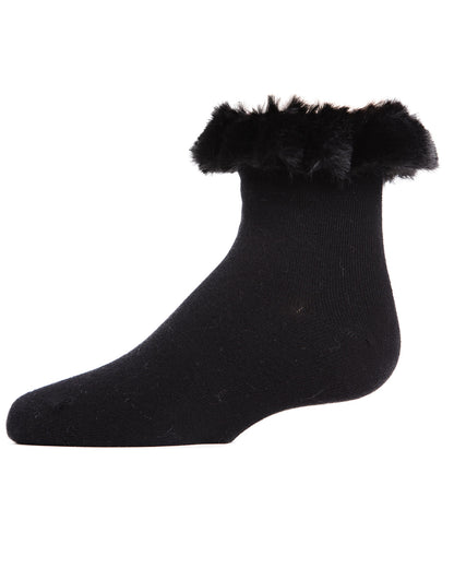 Faux-Fur Cuff Cotton Blend Anklet Socks : Color: Black