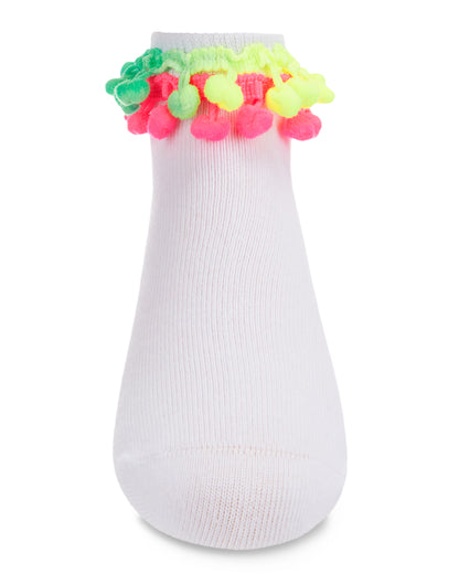 Neon Multi Pom-Pom Cotton Blend Girls Anklet Sock : Color: White