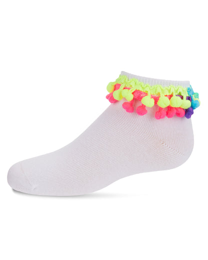 Neon Multi Pom-Pom Cotton Blend Girls Anklet Sock : Color: White