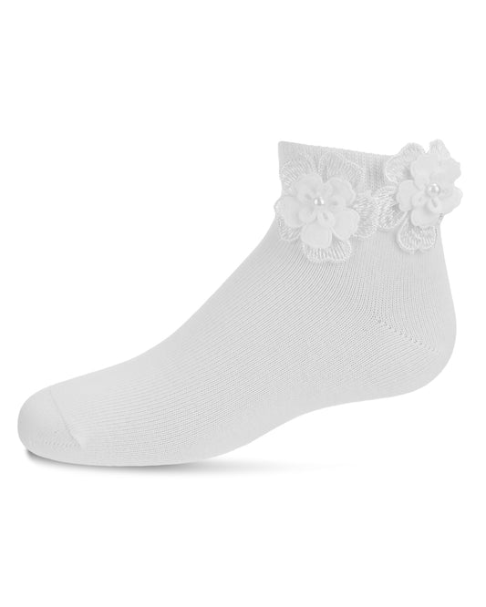 Dual Flower Girls Cotton Blend Anklet Sock : Color: White