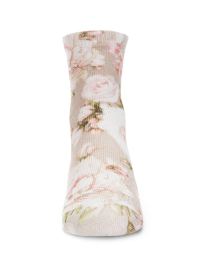 Rose Floral Bamboo Blend Crew Sock : Color: Taupe