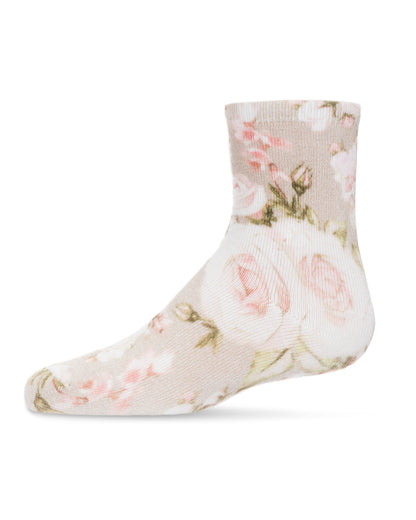 Rose Floral Bamboo Blend Crew Sock : Color: Taupe
