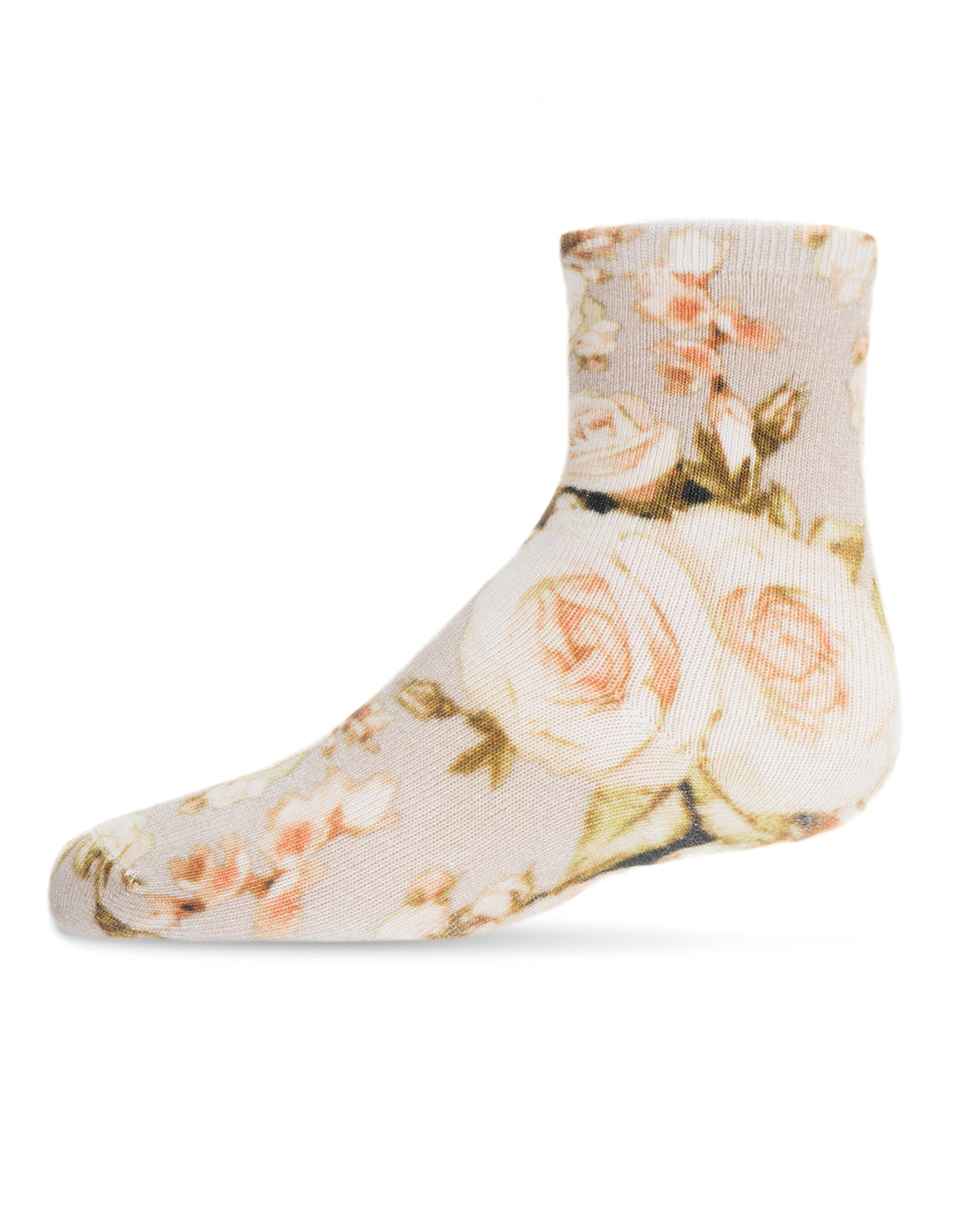 Rose Floral Bamboo Blend Crew Sock : Color: Winter White