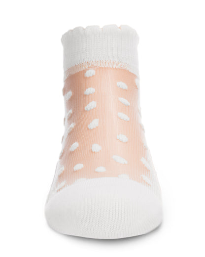 Sheer Cotton-Blend Flocked Dot Anklet with Scalloped Cuff : Color: White