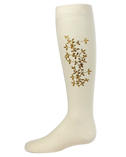 Foil and Foliage Cotton Blend Girls Knee Socks : Color: Ivory