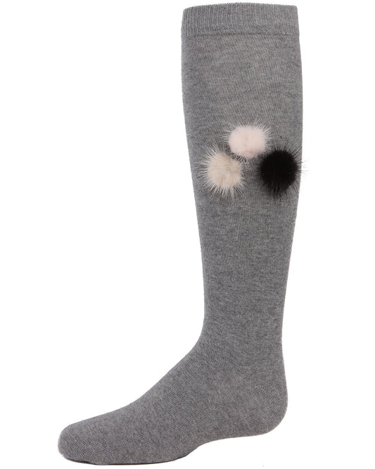 Fuzzy and Fun Girls Pom-Pom Cotton Blend Knee Socks : Color: Medium Gray