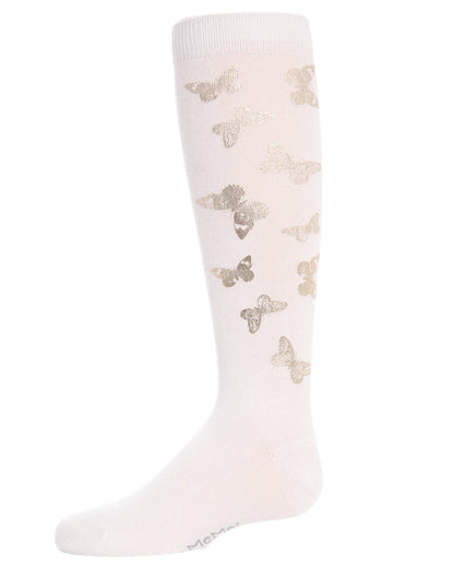 Gold and Gilded Butterfly Knee High Cotton Blend Girls Socks : Color: White