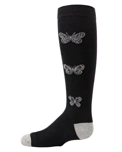 Girls' Glitter Butterfly Cotton Knee High Socks : Color: Black