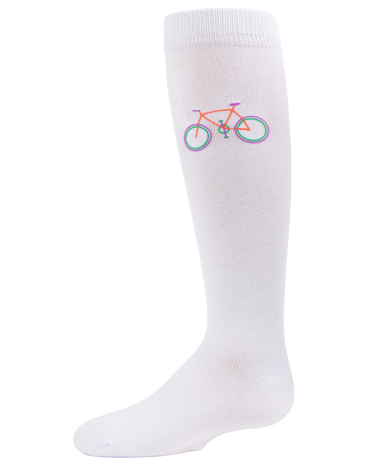 Girls' Embroidered Bicycle Knee-High Socks : Color: White